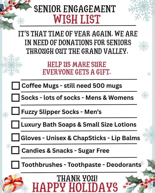 Help Bring Holiday Cheer to Local Seniors: Donations Needed for the Senior Engagement Wish List